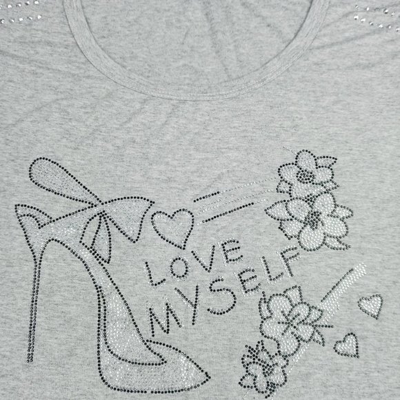 Women's "I Love Myself" Bling Rhinestone Short Sleeve Grey Dienider T-shirt - Picture 2 of 5